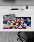 Rainbow-glow deep space anime girl mouse pad with dreamy galaxy background, smooth tracking, 28x12 inches.