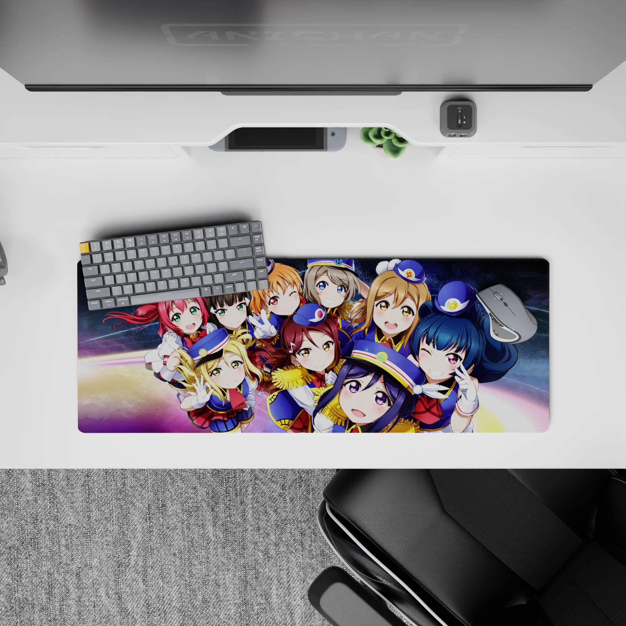 Galaxy rainbow glow anime girl mouse pad 32x12 inches, deep space backdrop, cute idol poses, smooth tracking.