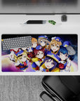 Galaxy swirl anime girl mouse pad 32x16 inches with deep space blues and rainbow glow, cheerful cute vibe.