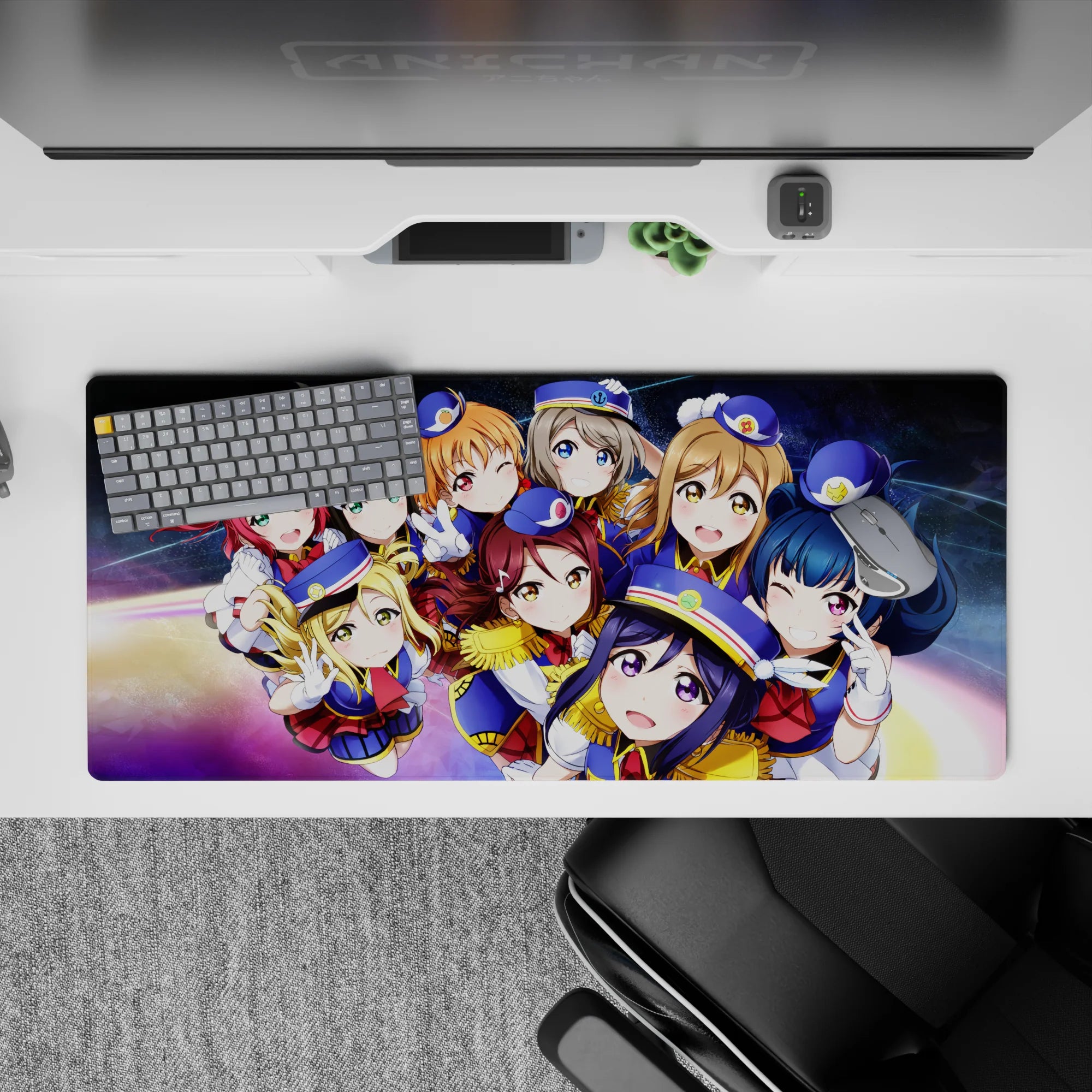 Galaxy swirl anime girl extended mouse pad with rainbow glow, deep navy uniforms, cheerful vibe, 36x16 inches.