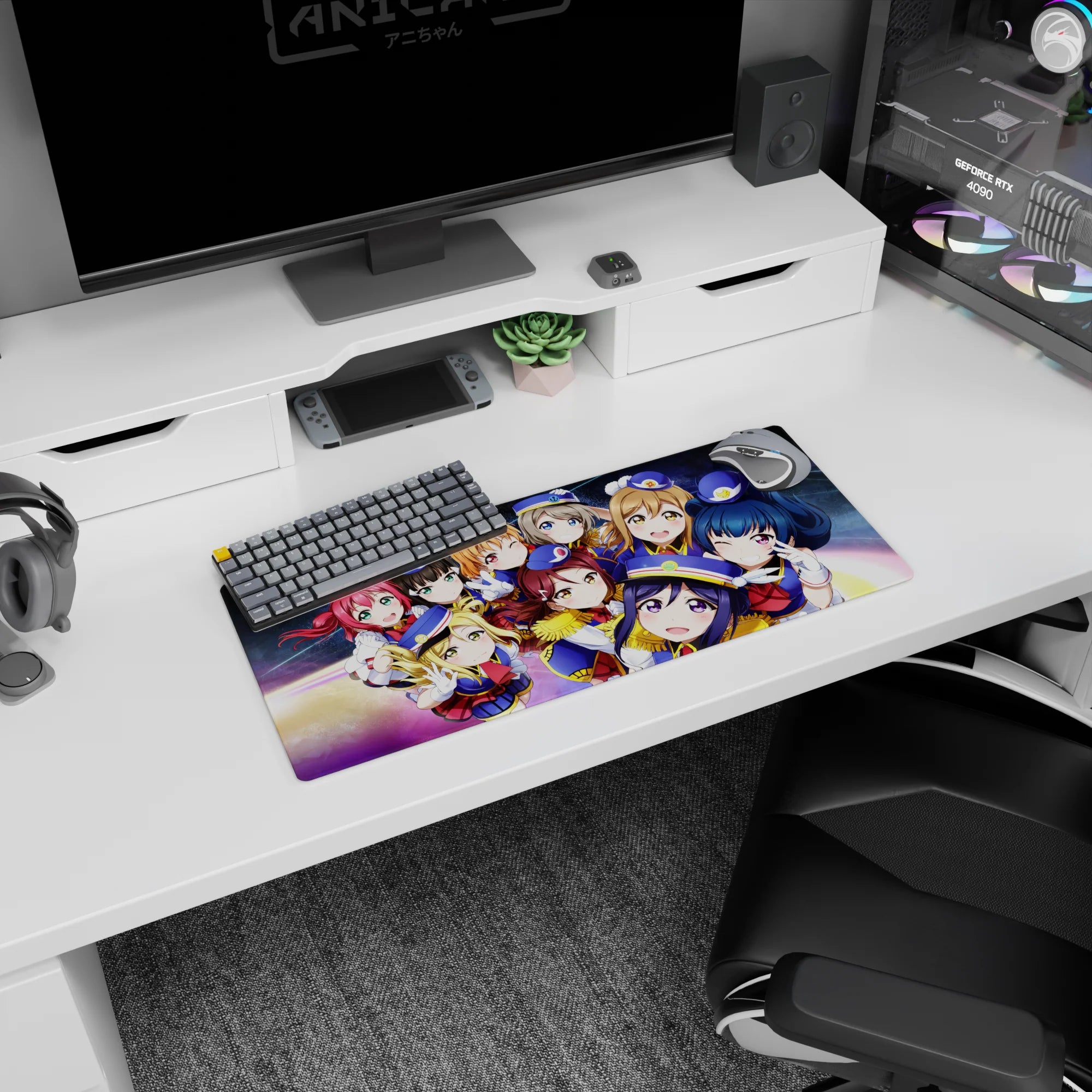 Nico Yazawa and friends smiling in crisp navy school uniforms on cosmic backdrop mouse pad, 28x12 inches.