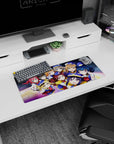Nico Yazawa and friends smiling in crisp navy school uniforms on cosmic backdrop mouse pad, 28x12 inches.