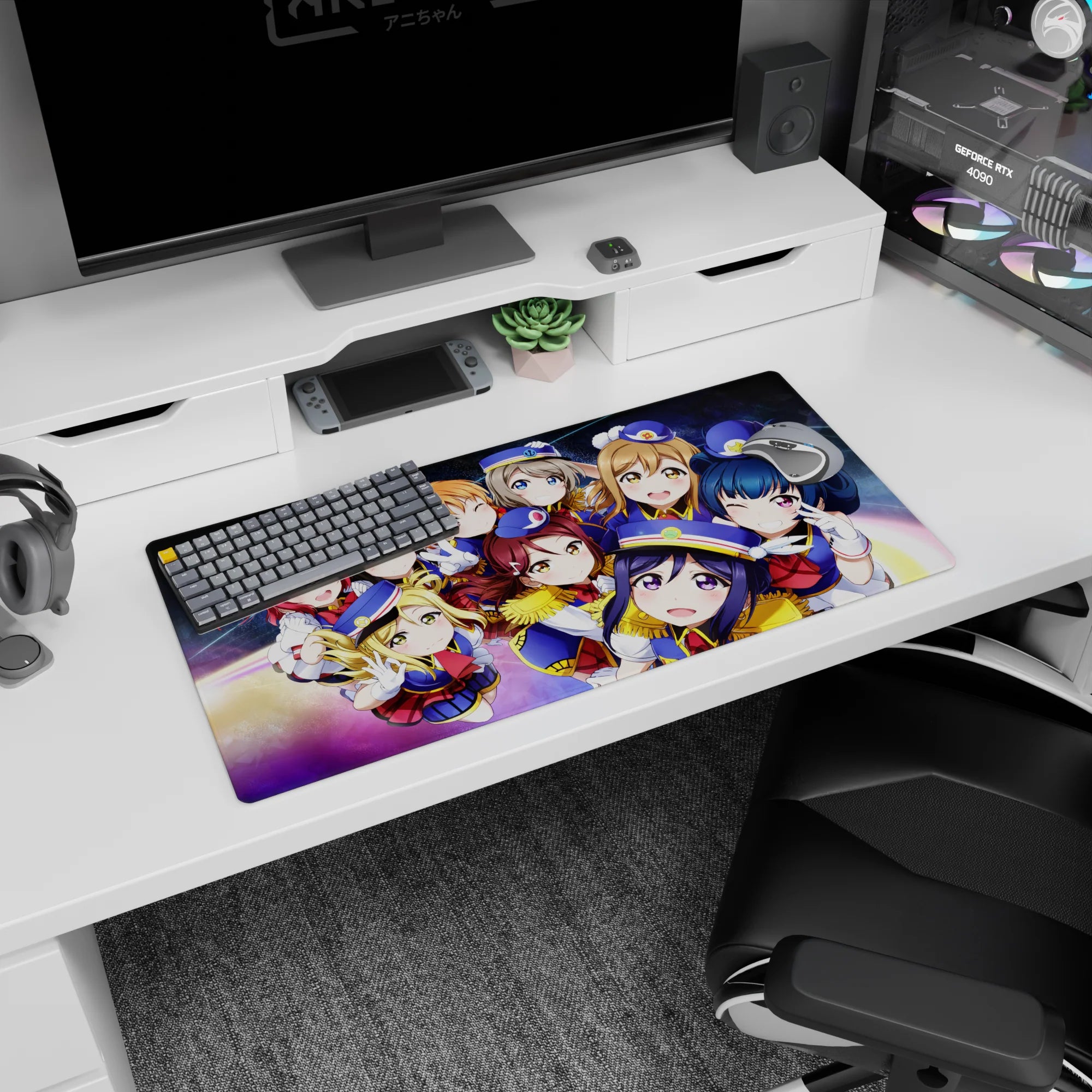 Nico Yazawa with the idol squad on an anime girl mouse pad 32x16 inches, smiling poses over starry space.