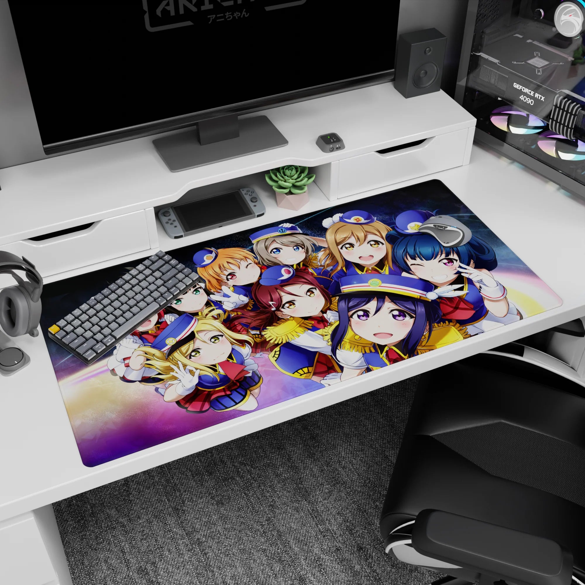 Nico Yazawa and Love Live idols smiling on a galaxy backdrop desk pad 40x20 inches.