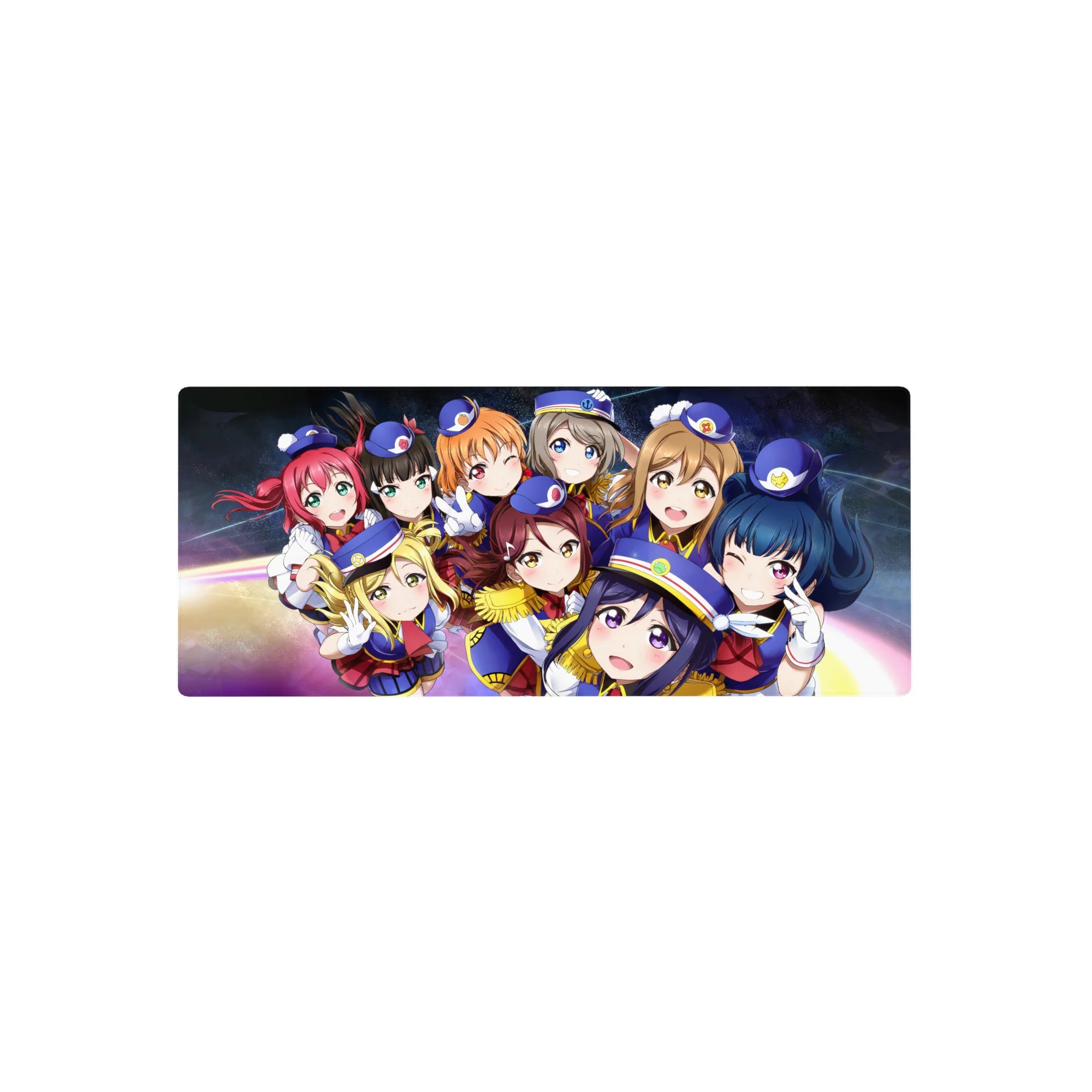 Love Live! School Idol Project squad desk mouse pad, navy uniforms on galaxy swirl, 28x12 inches.
