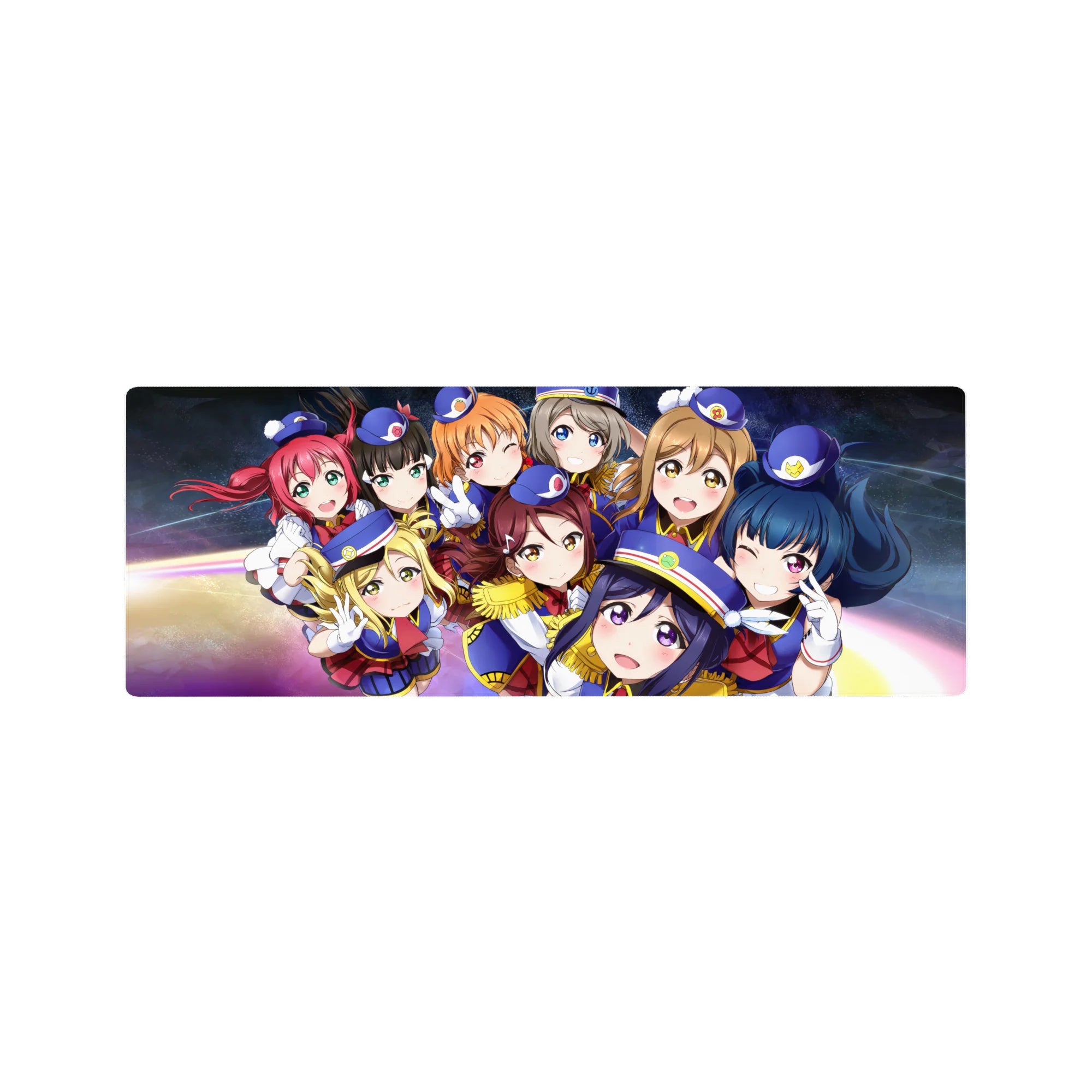 Love Live! squad anime girl mouse pad 32x12 inches with nine idols in navy uniforms on galaxy swirl.
