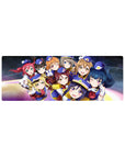 Love Live! squad anime girl mouse pad 32x12 inches with nine idols in navy uniforms on galaxy swirl.