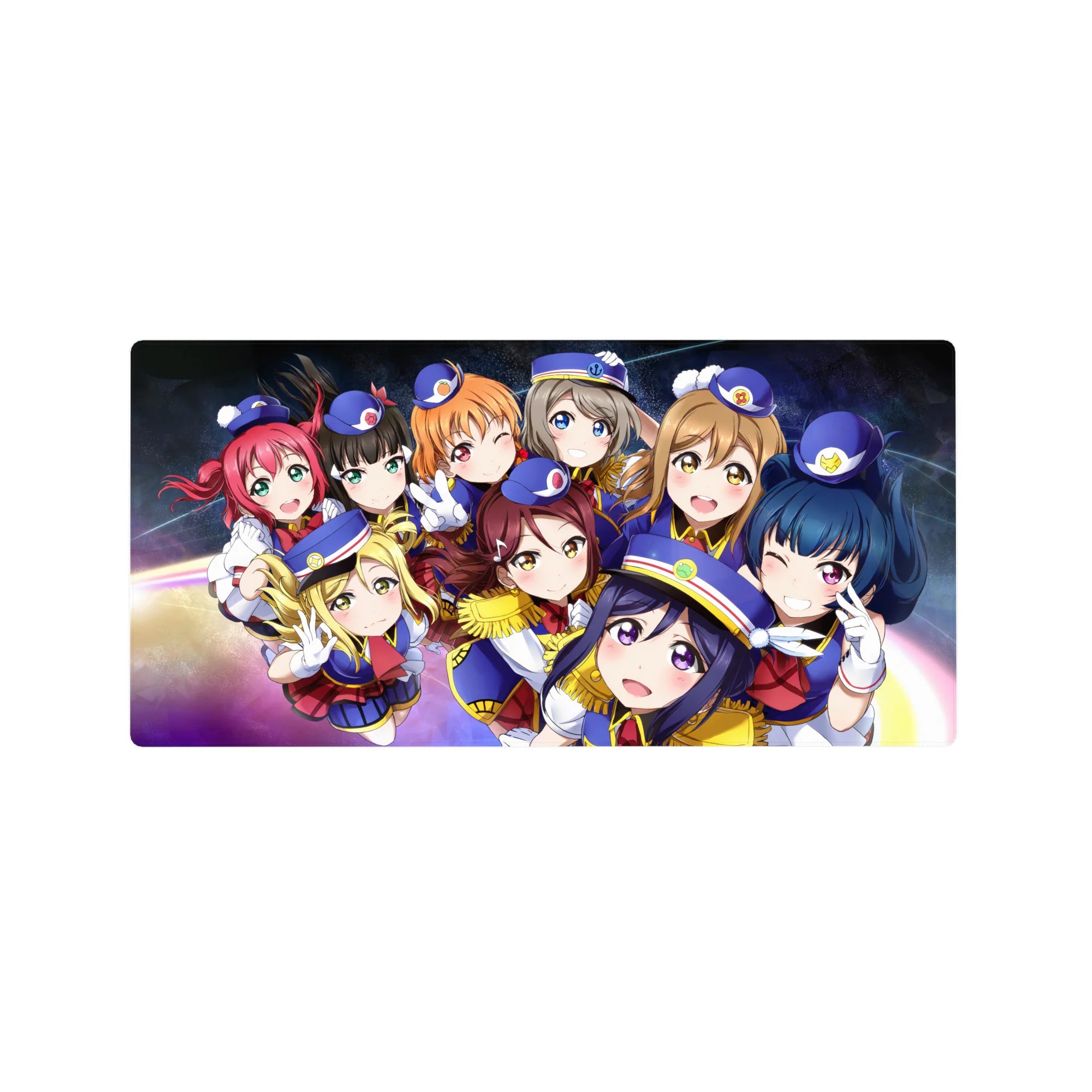 Love Live! School Idol Project anime girl mouse pad 32x16 inches with nine idols in navy uniforms, galaxy backdrop.