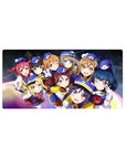 Love Live! School Idol Project anime girl mouse pad 32x16 inches with nine idols in navy uniforms, galaxy backdrop.