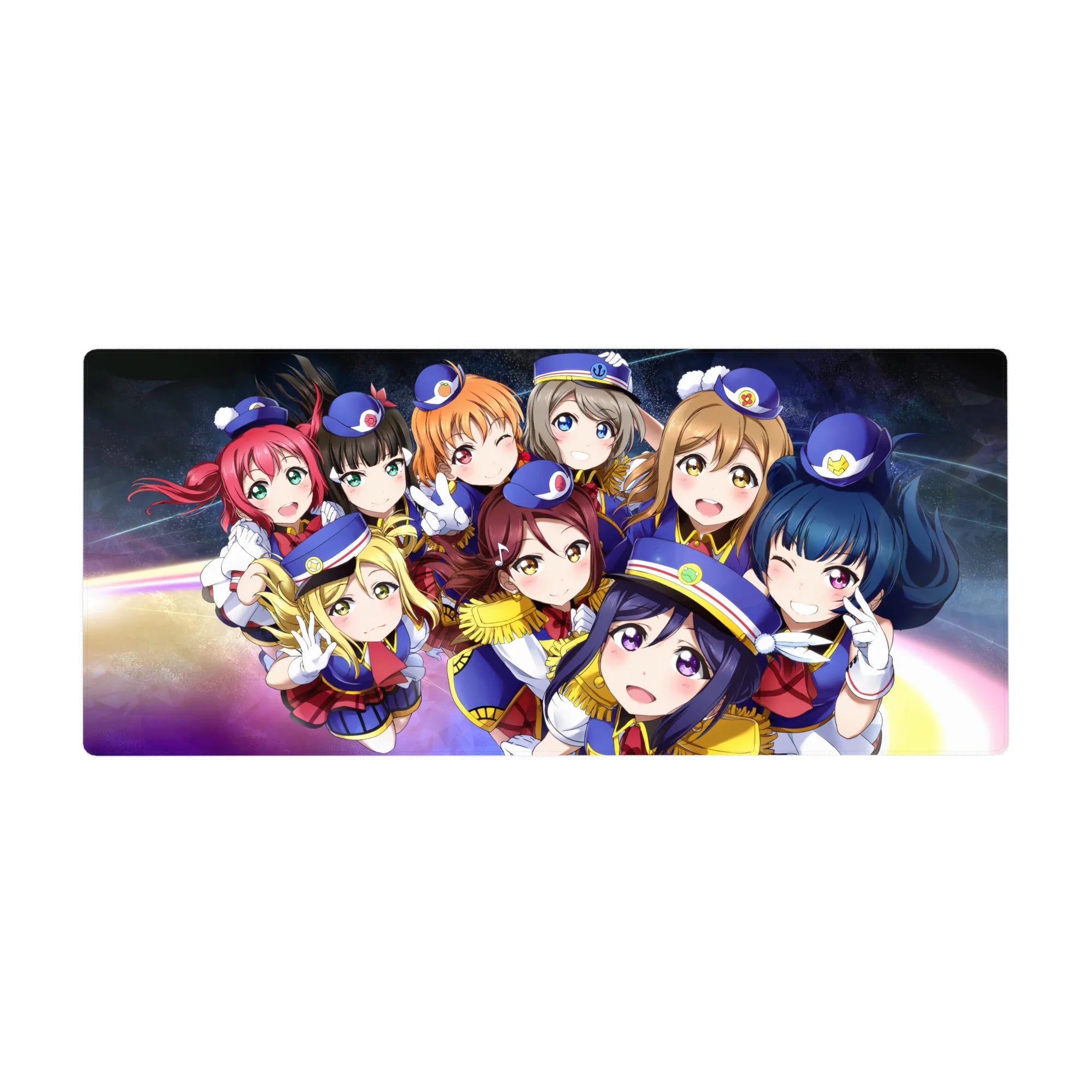 Love Live School Idol Project anime girl desk pad, μ's in navy uniforms on galaxy background, 36x16 inches.