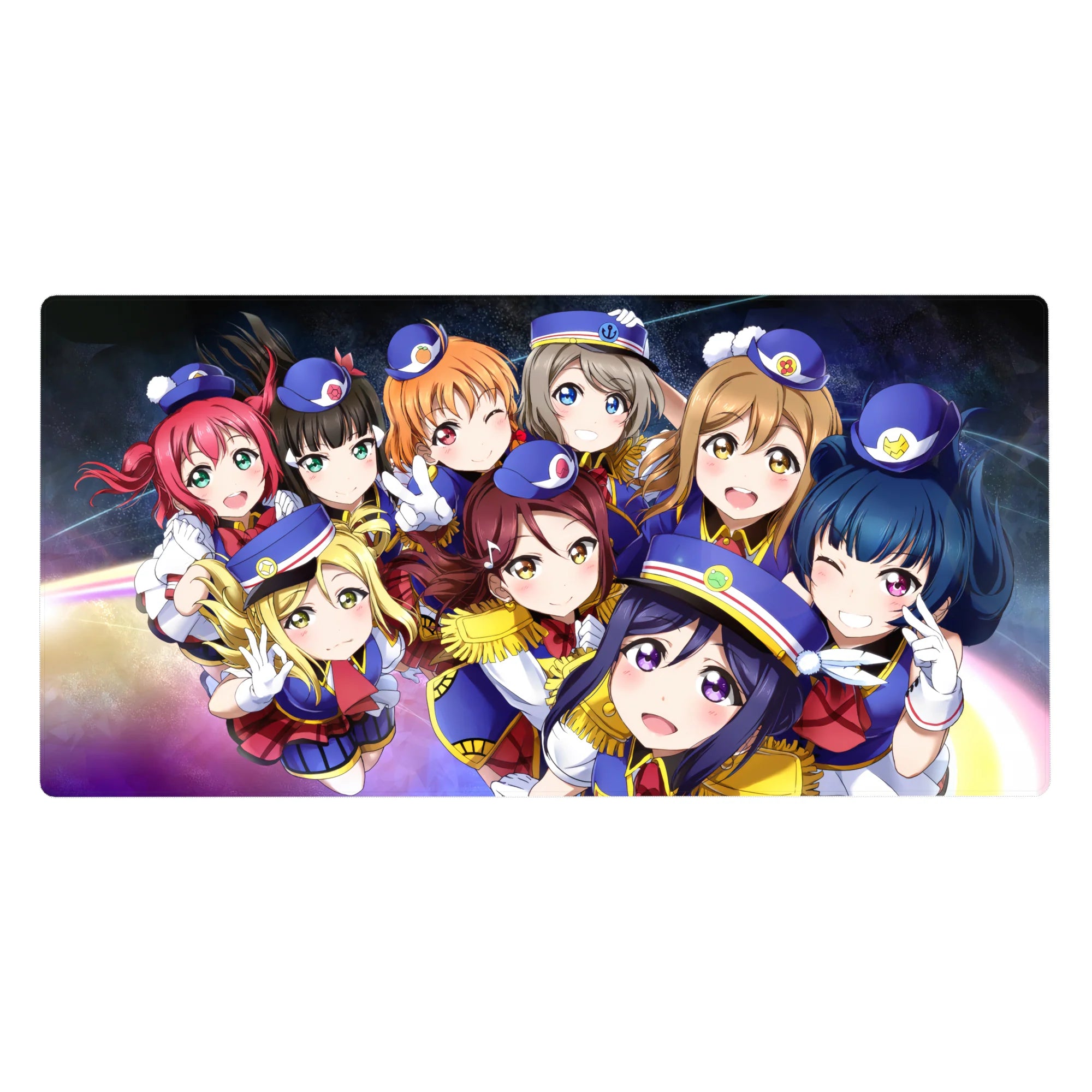 Love Live anime girl desk pad 40x20 inches with nine idols in navy uniforms on a galaxy swirl.