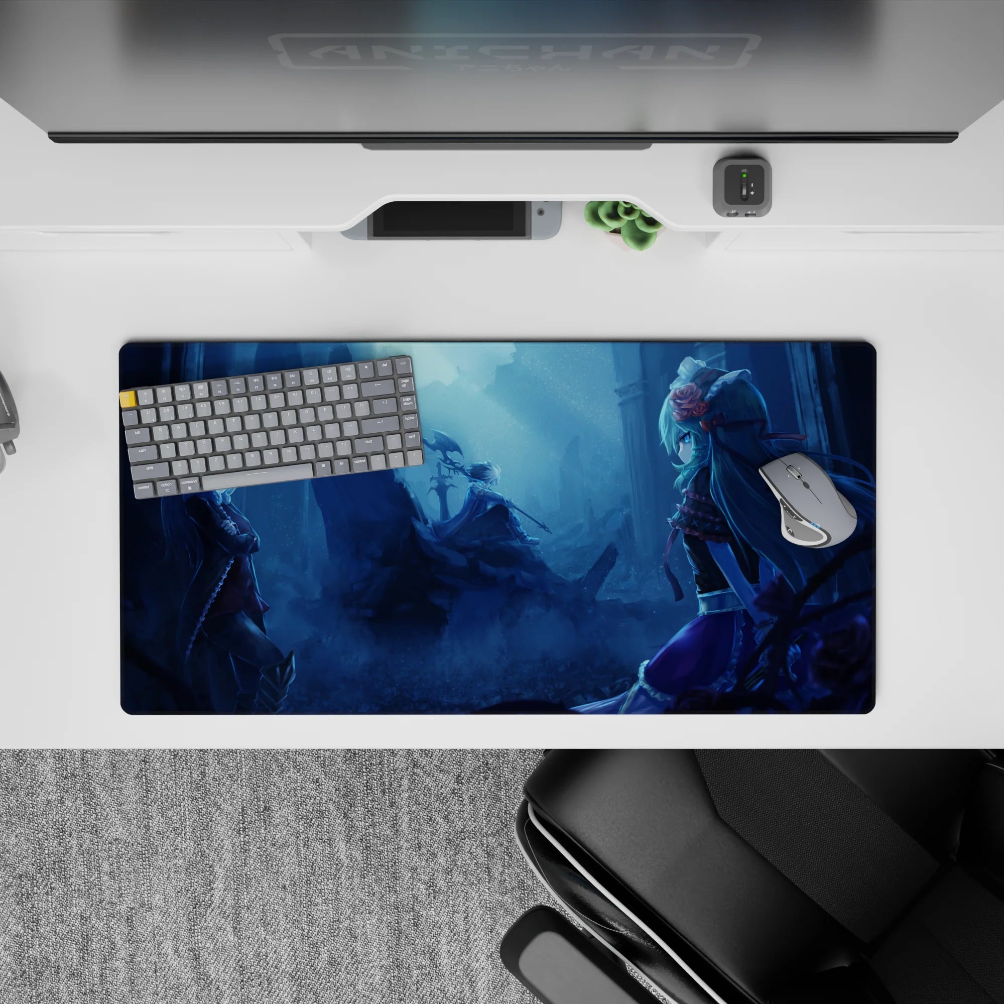 Anime girl mouse pad 32x16 inches in icy blue fog tones, violet skirt accents, moody moonlit duel vibe.