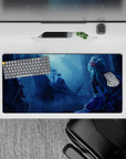 Anime girl mouse pad 32x16 inches in icy blue fog tones, violet skirt accents, moody moonlit duel vibe.