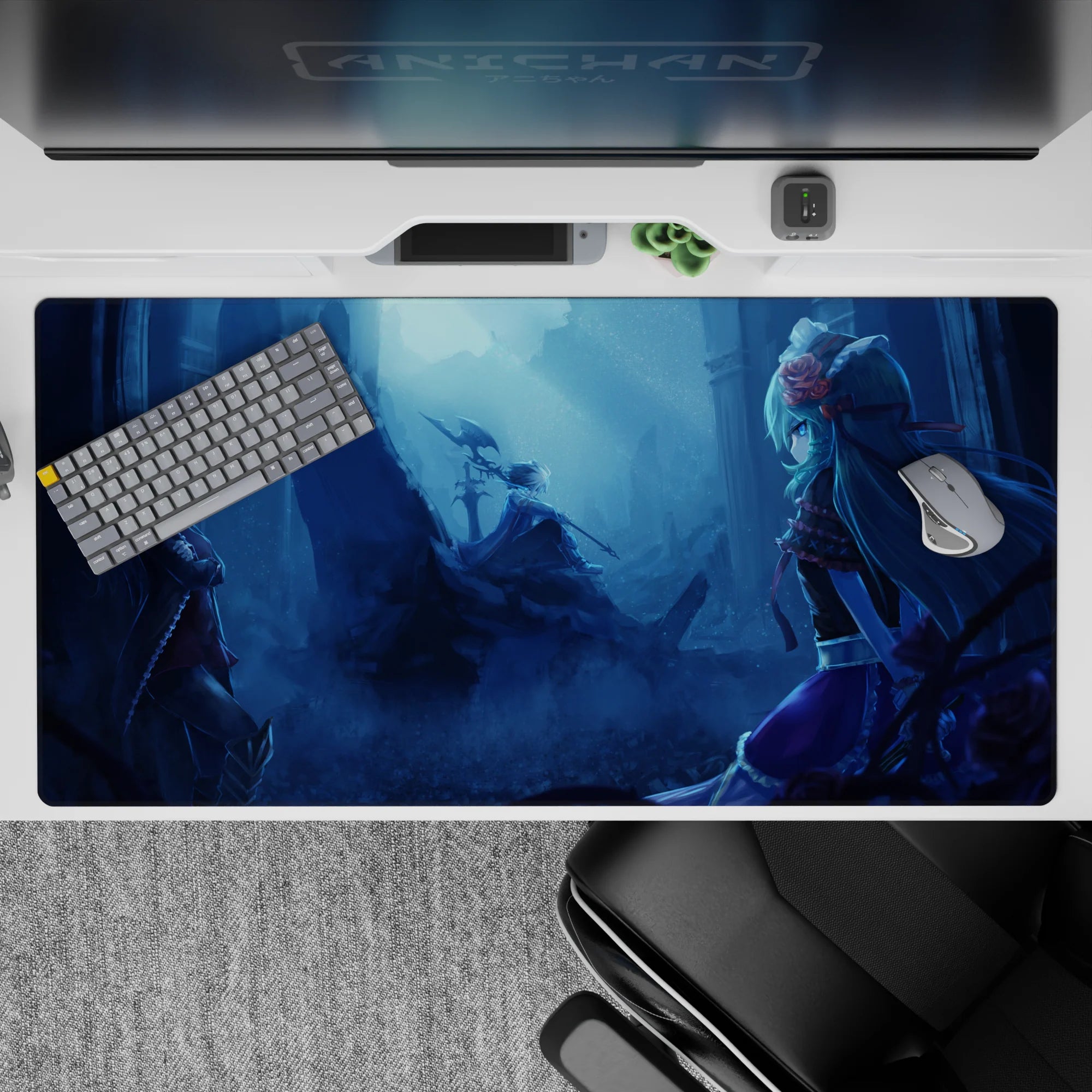 Icy blue fog anime girl desk pad 40x20 inches with teal, violet accents and a moody midnight vibe.