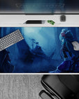 Icy blue fog anime girl desk pad 40x20 inches with teal, violet accents and a moody midnight vibe.