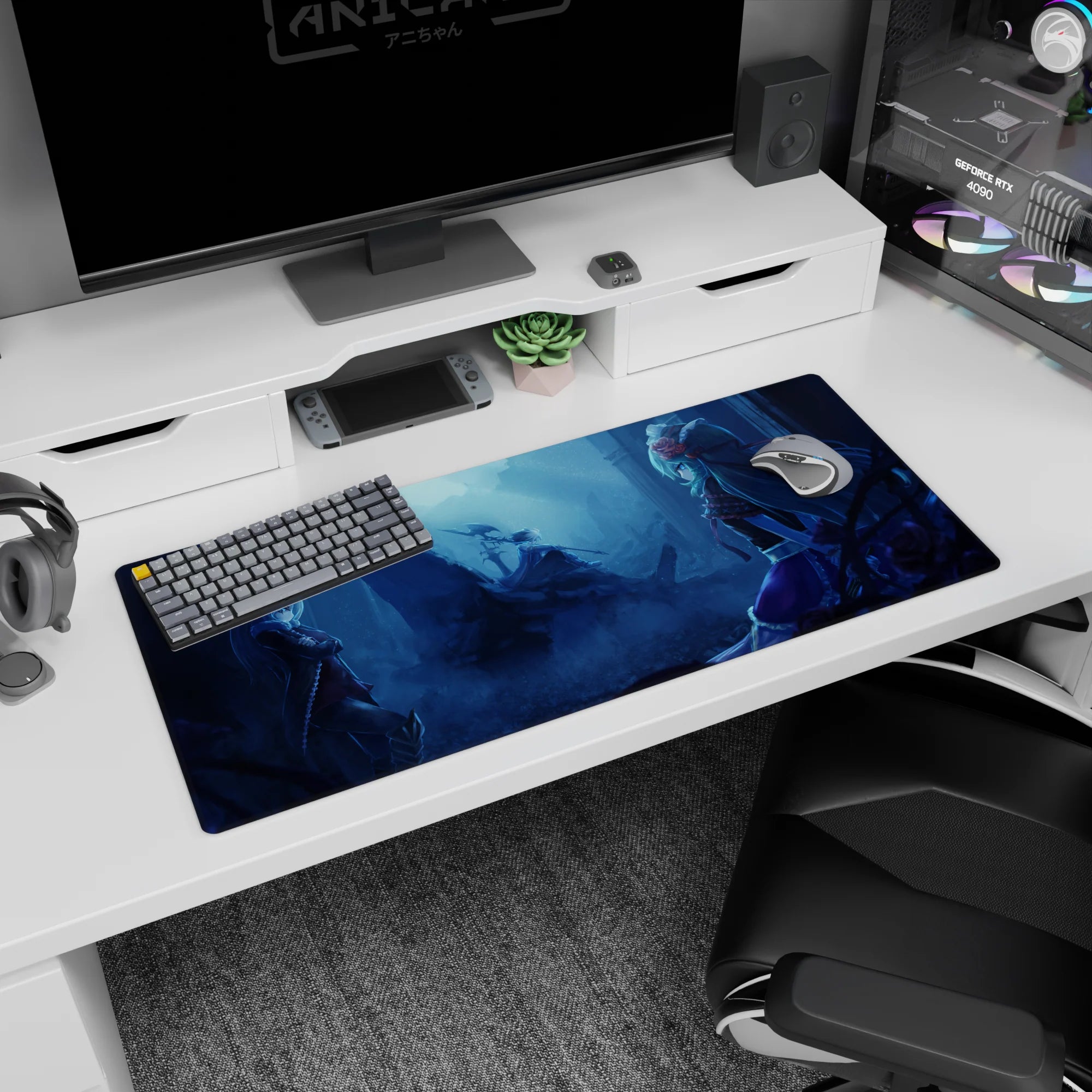 Silver-haired girl vs teal-haired rose-crowned rival on anime desk pad 36x16 inches, foggy ruins scene.