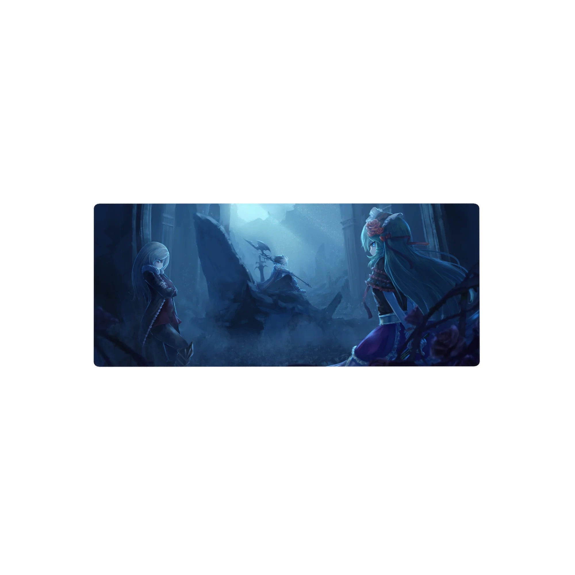 28x12 inches anime girl mouse pad with moonlit duel, ruined pillars, fog, wings and shadowy rider.
