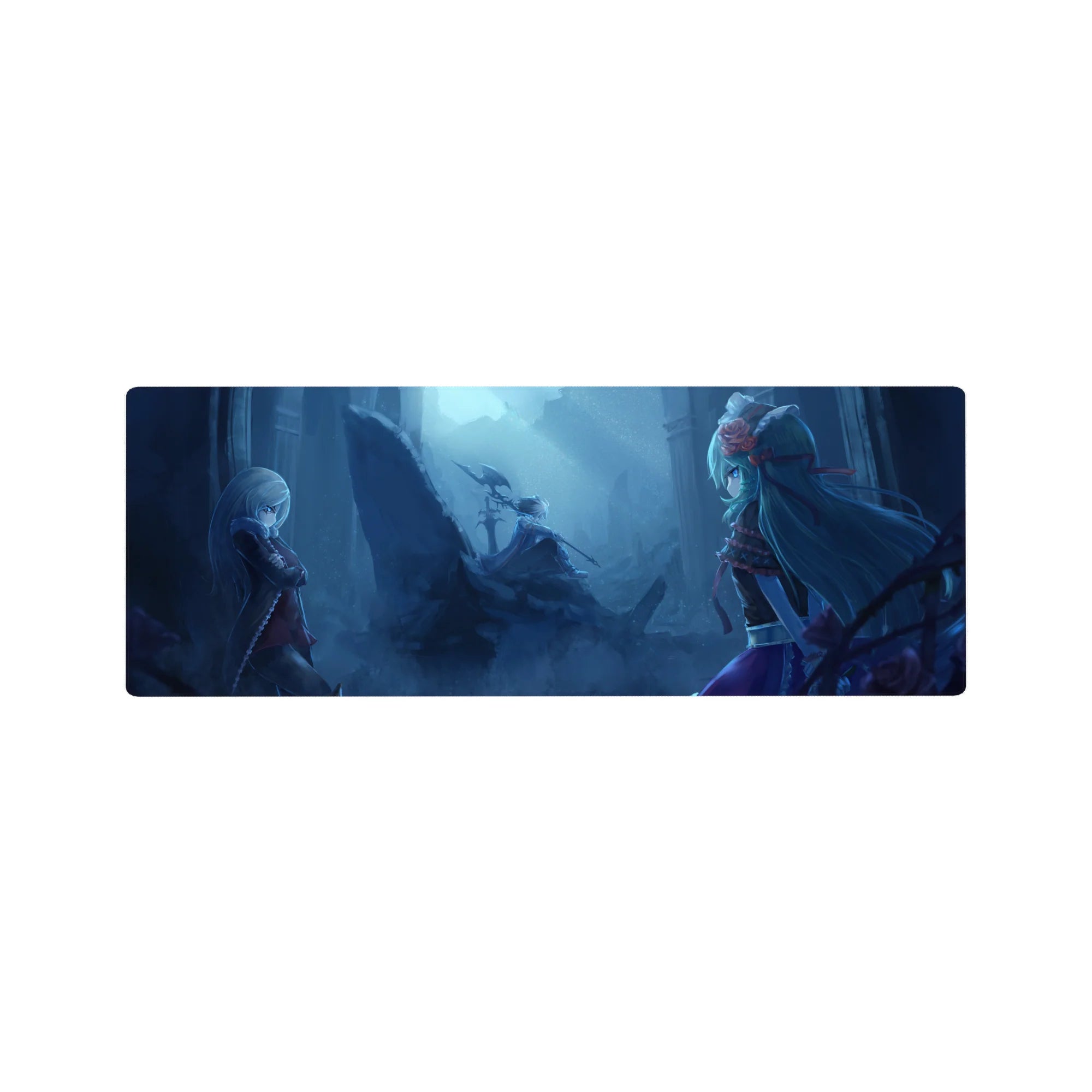 Anime girl mouse pad 32x12 inches with moonlit duel, ruined pillars, fog, wings, and rider silhouette.