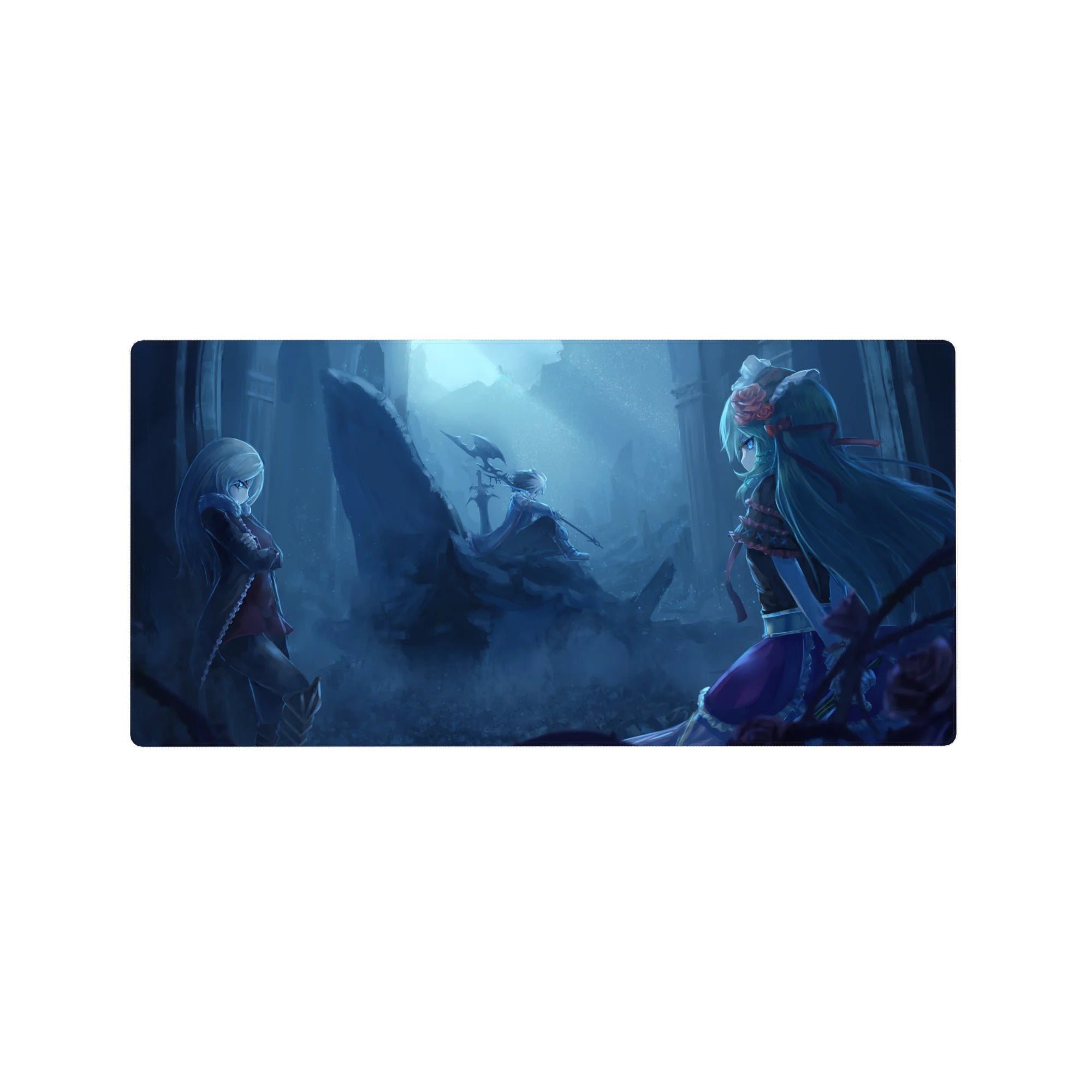 Anime girl mouse pad 32x16 inches with moonlit ruins, two rivals, wings and shadowy rider centerpiece.