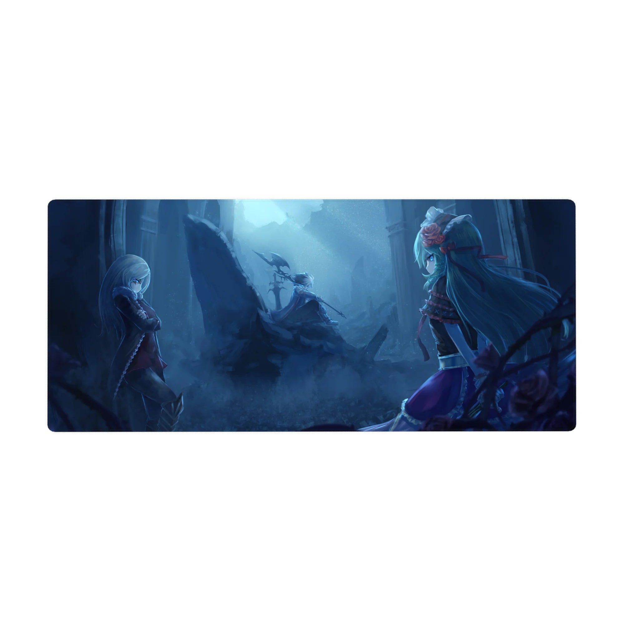 Moonlit anime girl desk pad 36x16 inches with two rivals, ruined pillars, fog, rider and wings.