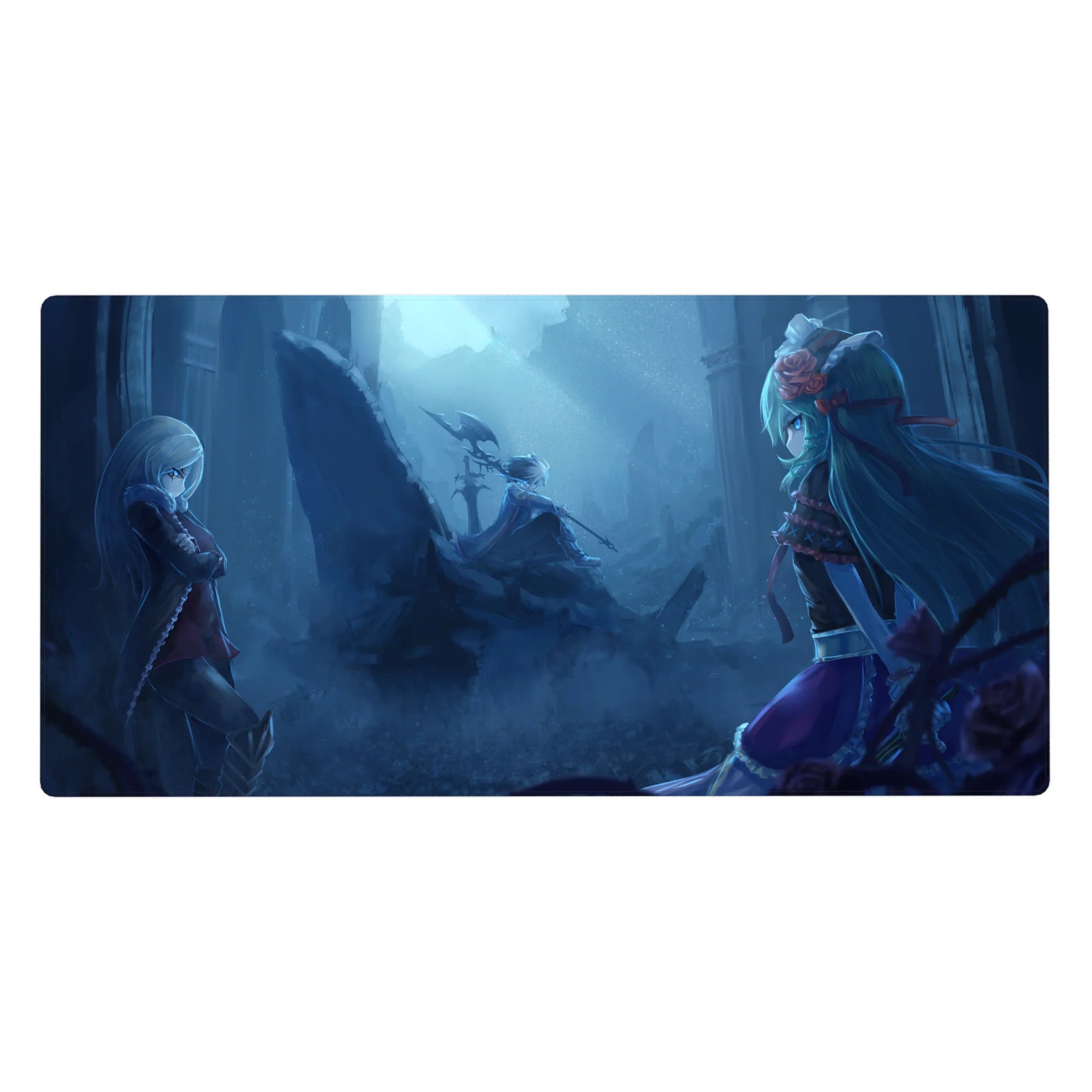 Anime girl desk pad 40x20 inches with moonlit duel, ruined pillars, fog, wings and a shadowy rider.