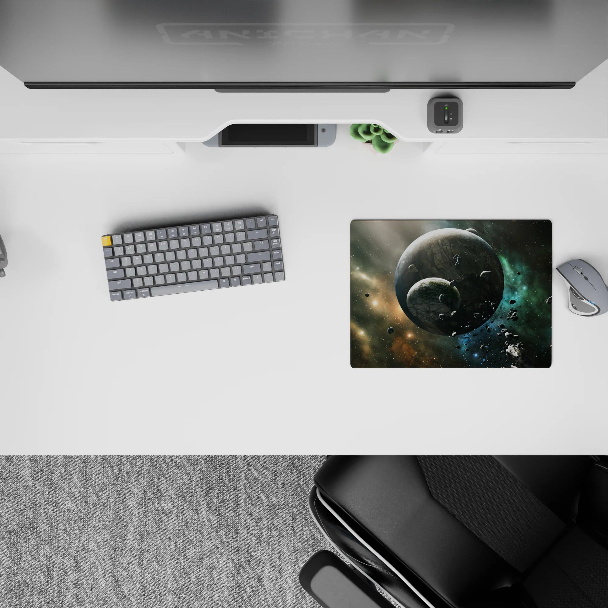 Smoky black, stardust gold, and teal calm galaxy classic mouse pad, 14x10 inches.