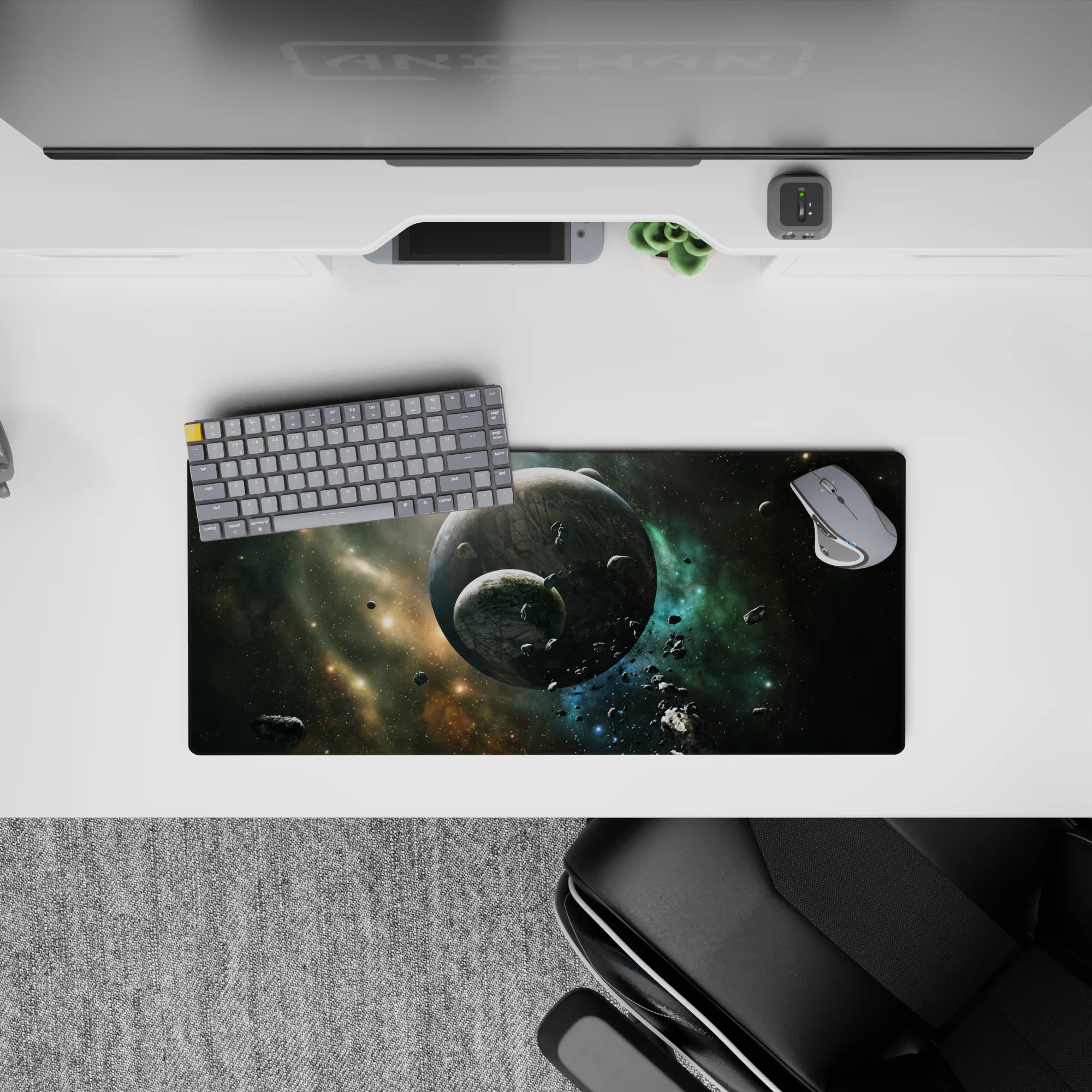 Smoky black and teal nebula mouse pad 28x12 inches with stardust gold accents, calm night vibes.