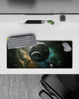Smoky black and teal nebula mouse pad 28x12 inches with stardust gold accents, calm night vibes.