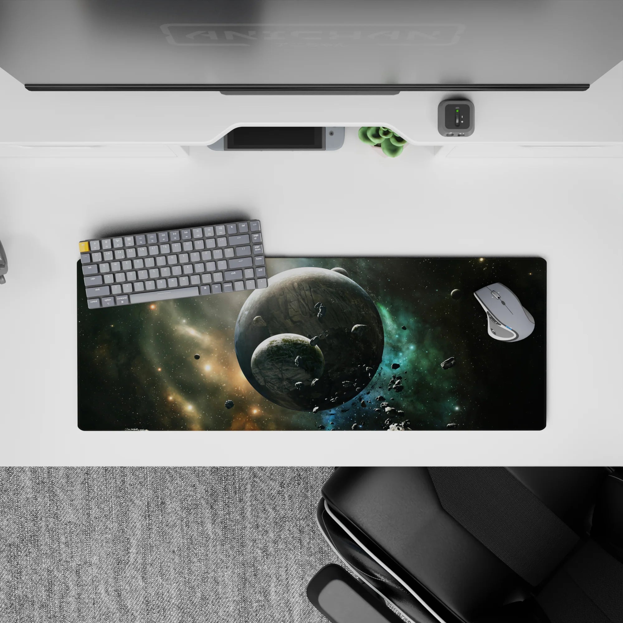 Calm cosmic mood mouse pad 32x12 inches in smoky black, stardust gold, and cool teal.