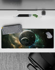 Calm cosmic mood mouse pad 32x12 inches in smoky black, stardust gold, and cool teal.