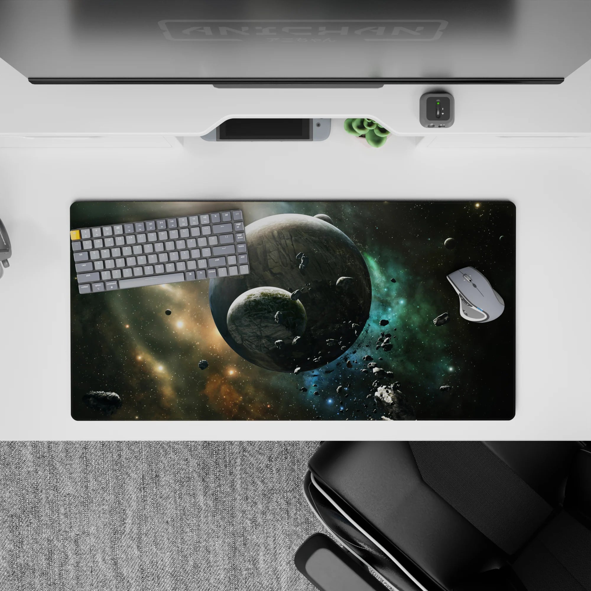 Calm teal and gold on smoky black mouse pad 32x16 inches, cosmic night vibe with smooth tracking.