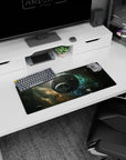 Two cratered planets in deep space mouse pad 28x12 inches with scattered rocks in zero gravity.