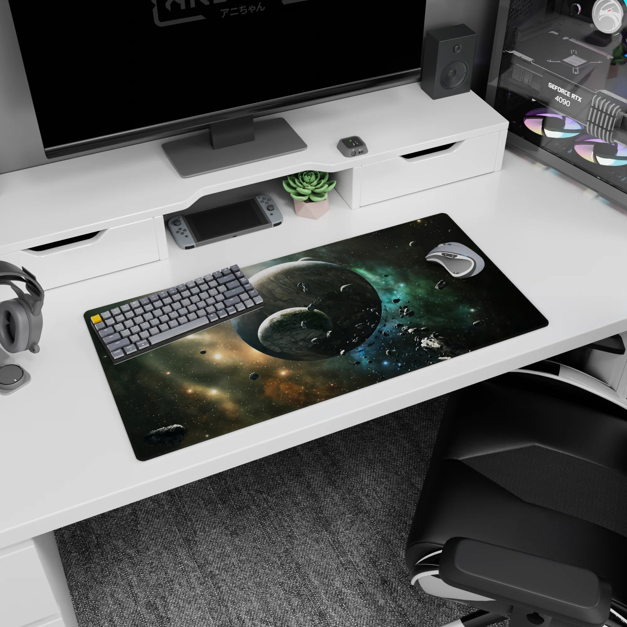 Two cratered planets in a teal nebula on a 32x16 inches mouse pad, with scattered floating asteroids.