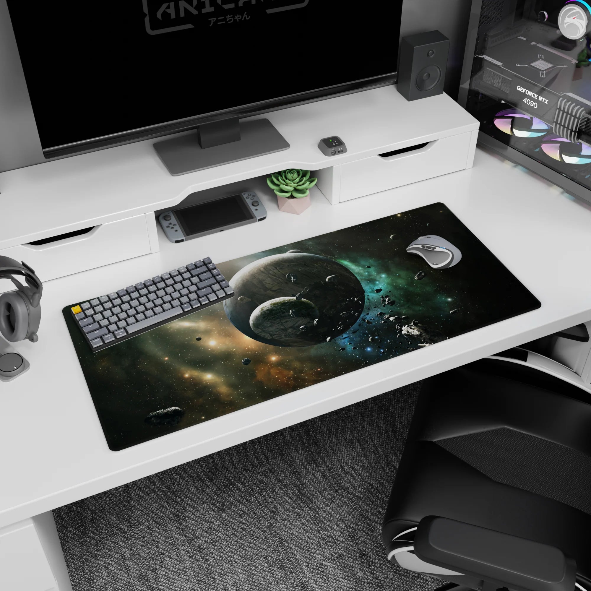 Two cratered planets space scene desk pad 36x16 inches with scattered asteroids over a teal nebula.