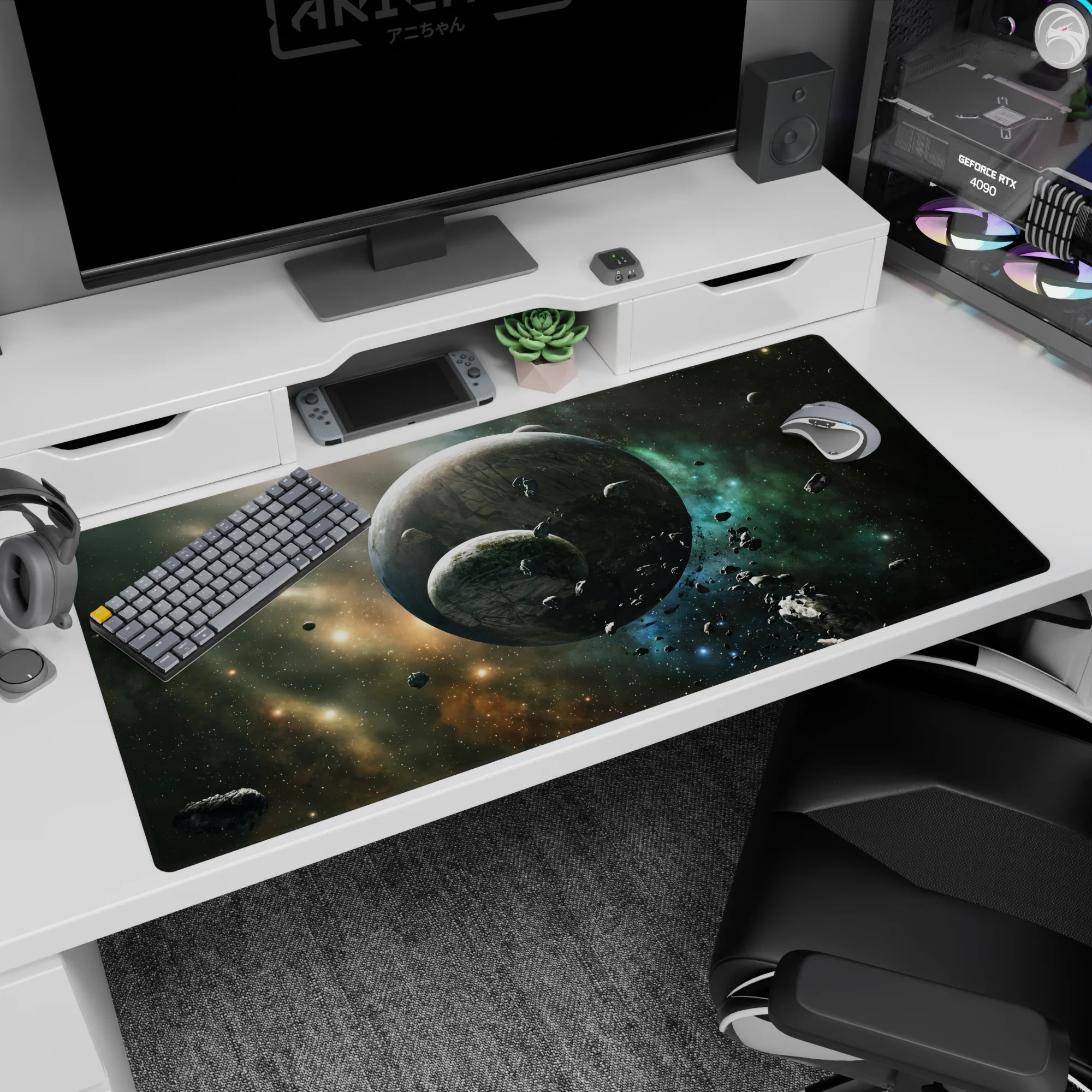 Two cratered planets scene desk pad 40x20 inches with teal nebula clouds and tiny rocks in zero gravity.