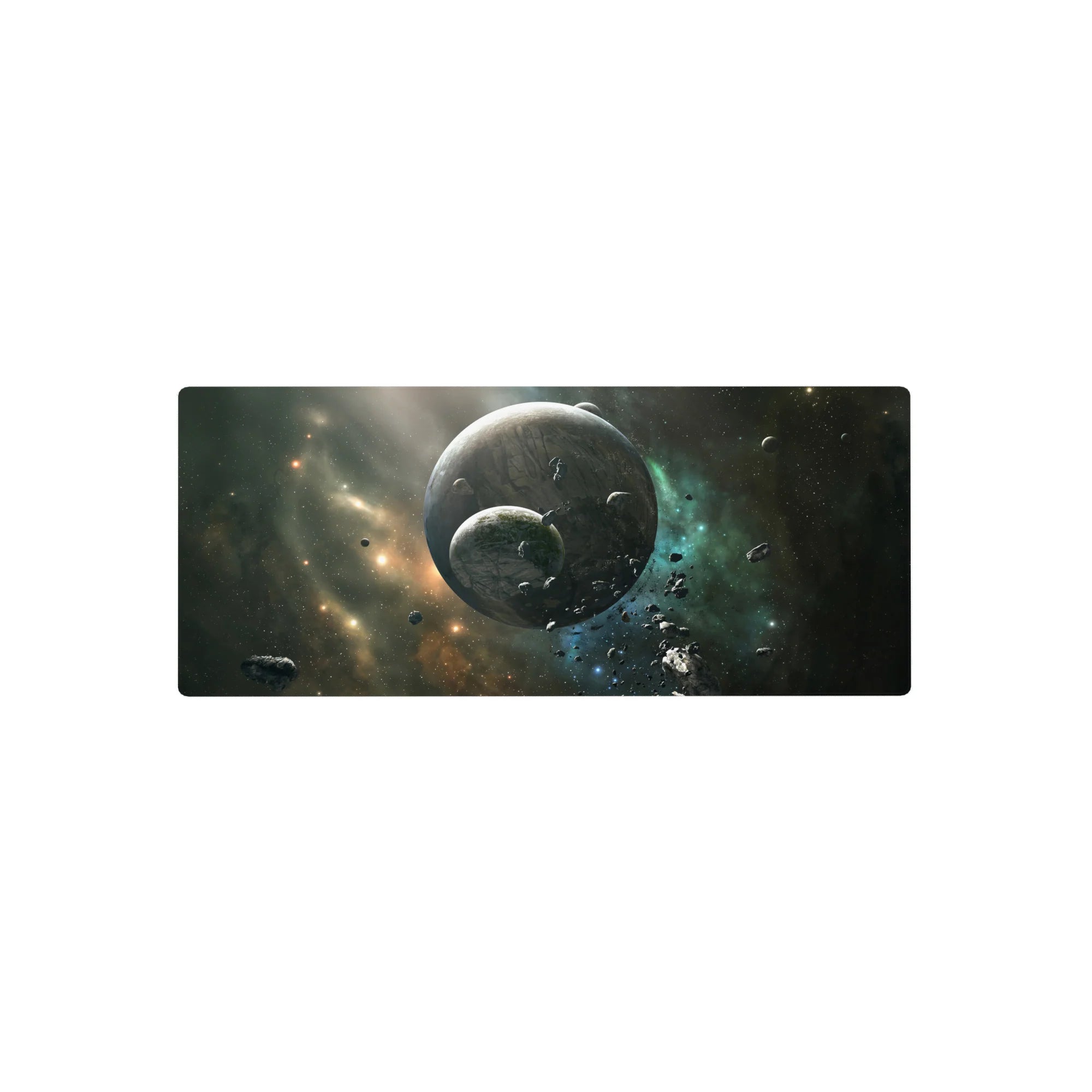 Space nebula desk mouse pad 28x12 inches with two cratered planets and floating asteroid confetti.