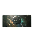 Space nebula desk mouse pad 28x12 inches with two cratered planets and floating asteroid confetti.