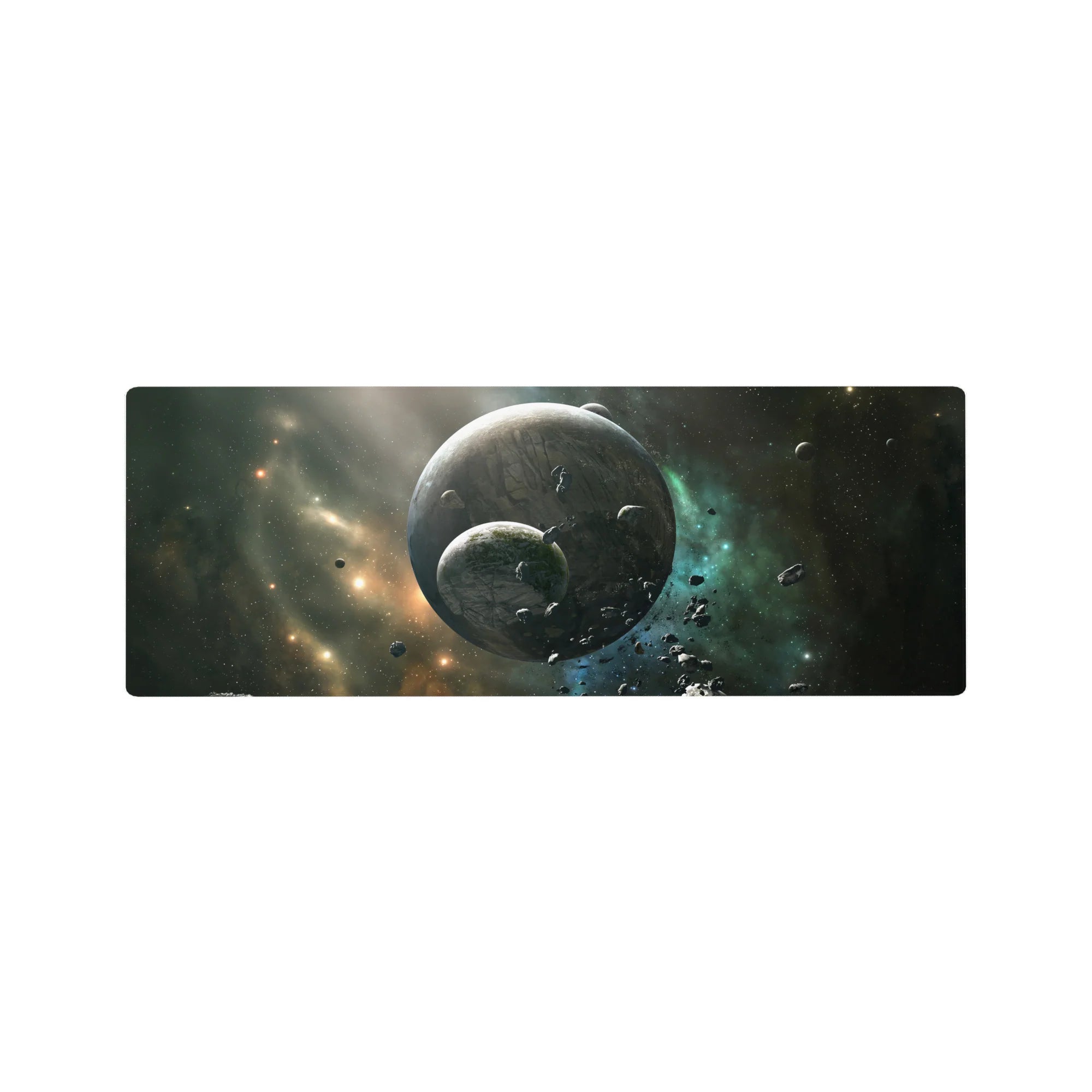 Space nebula desk mouse pad 32x12 inches with two cratered planets and floating asteroids.