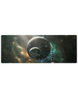Space nebula desk mouse pad 32x12 inches with two cratered planets and floating asteroids.