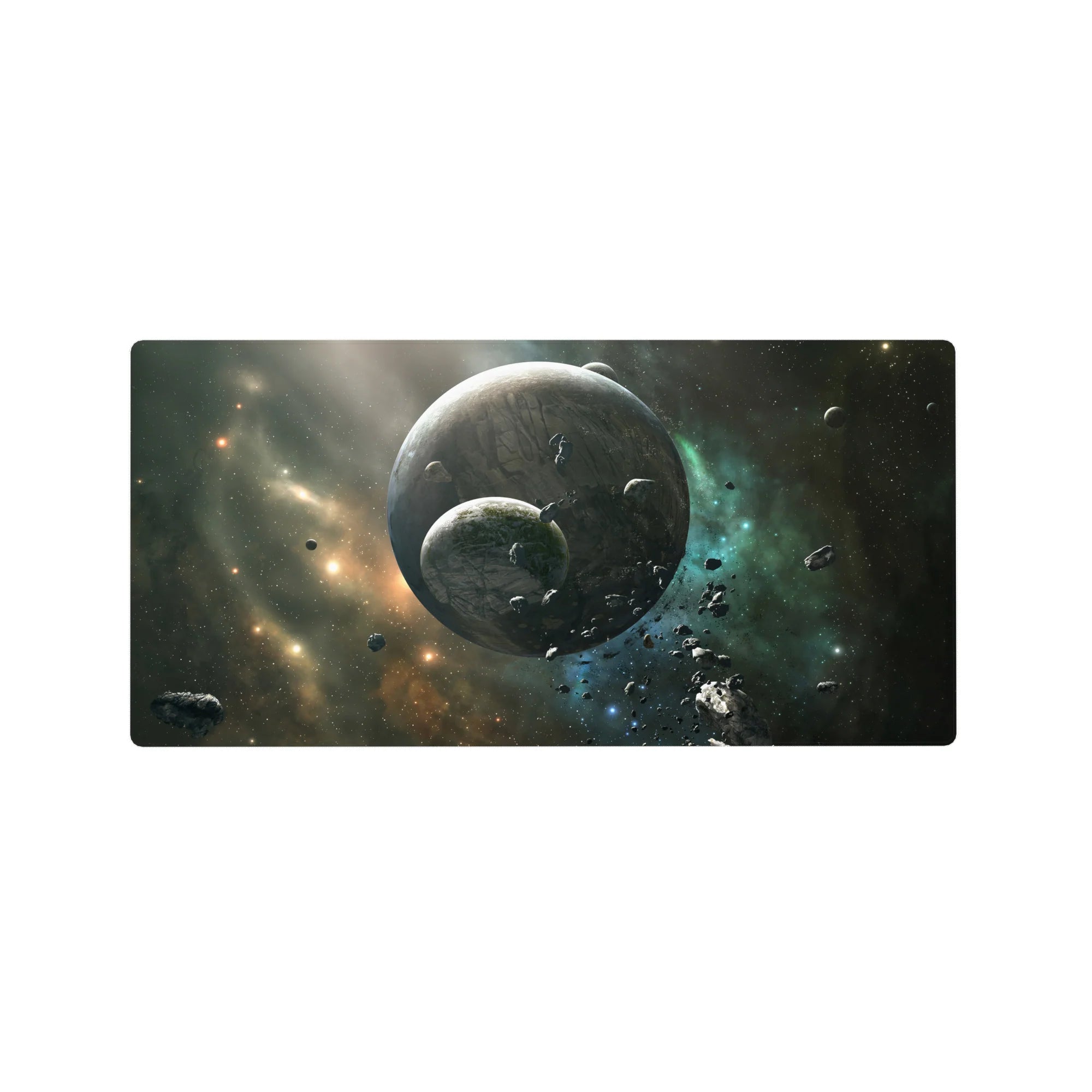 Space nebula mouse pad 32x16 inches with cratered planets, stardust flecks, and drifting rocks.