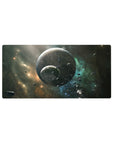 Space nebula mouse pad 32x16 inches with cratered planets, stardust flecks, and drifting rocks.