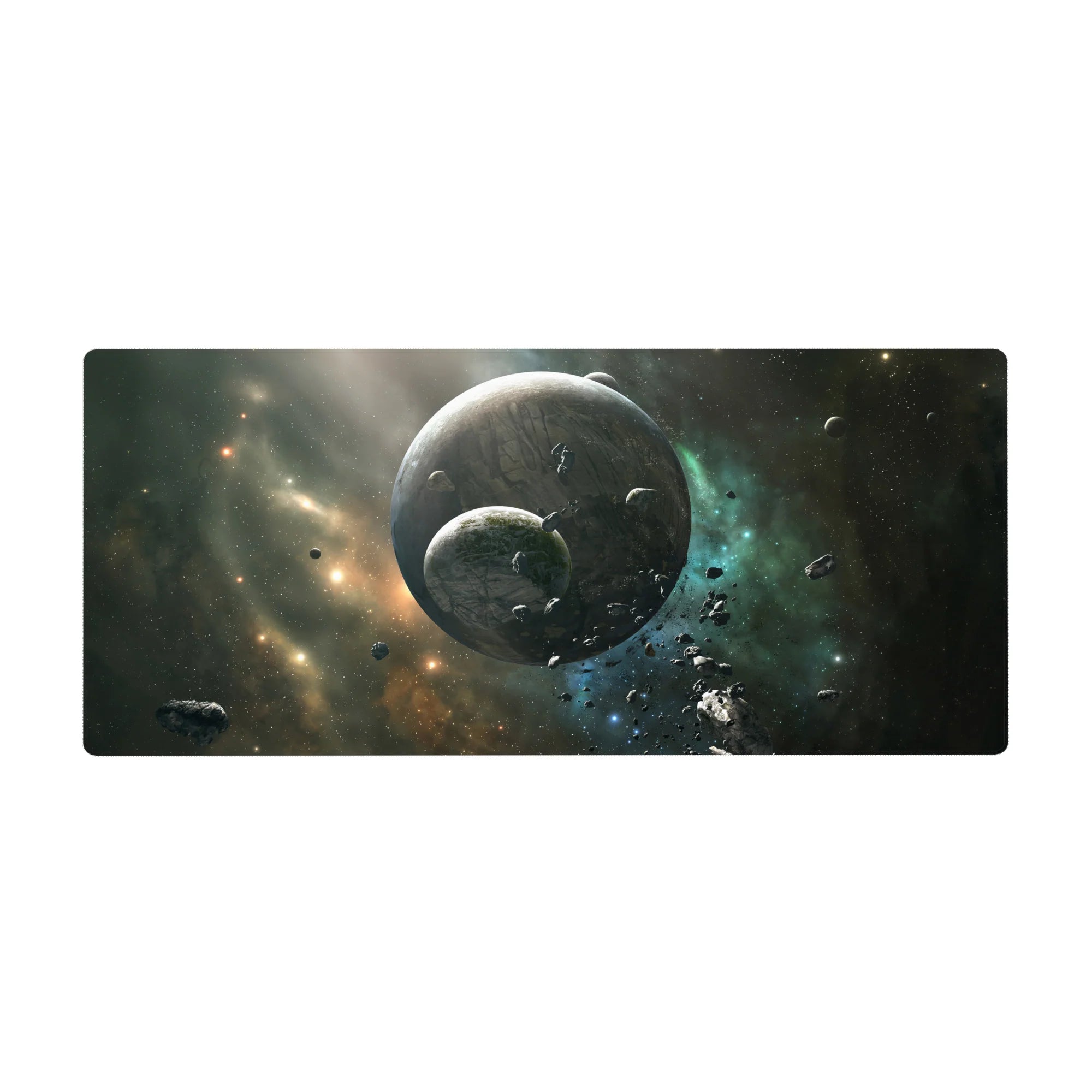 Galaxy nebula desk pad 36x16 inches with cratered planets, floating rocks, and deep space swirl.