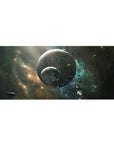 Galaxy nebula desk pad 36x16 inches with cratered planets, floating rocks, and deep space swirl.