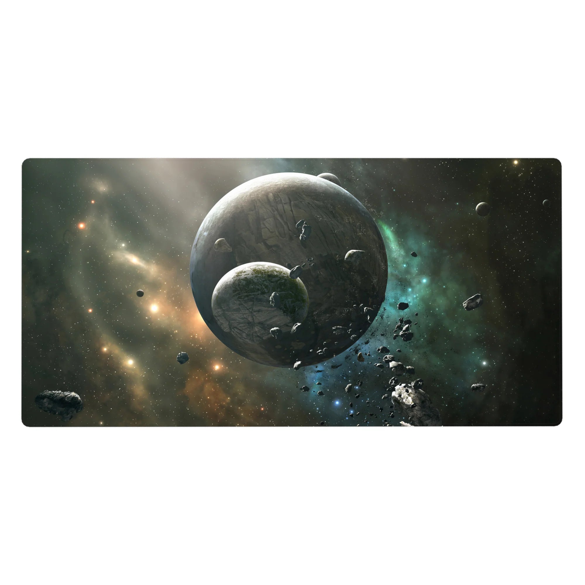 Space nebula desk pad 40x20 inches with cratered planets, floating rocks, and stardust swirl design.