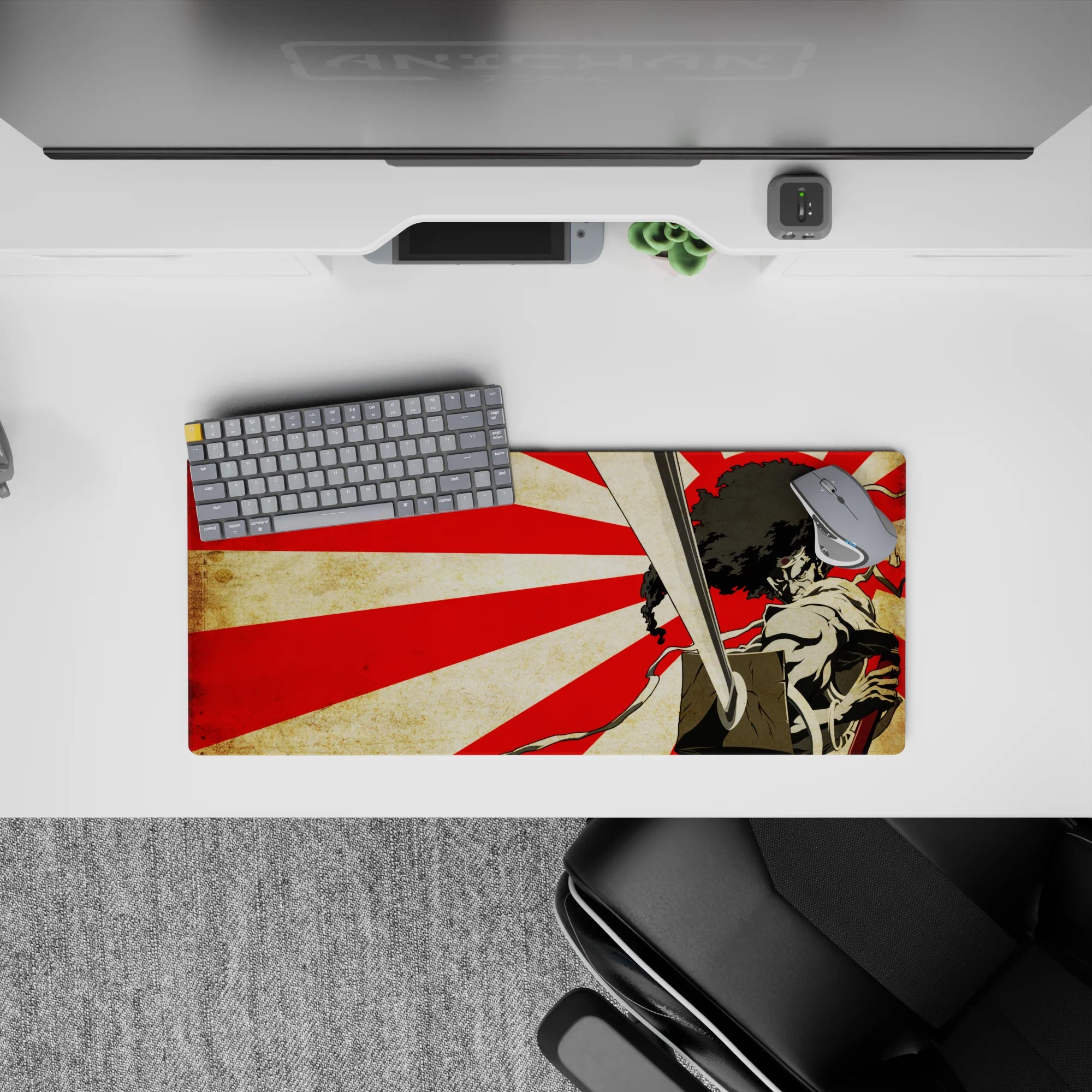 28x12 inches anime mouse pad in red rising-sun tones on gritty parchment, fierce last-stand vibe.