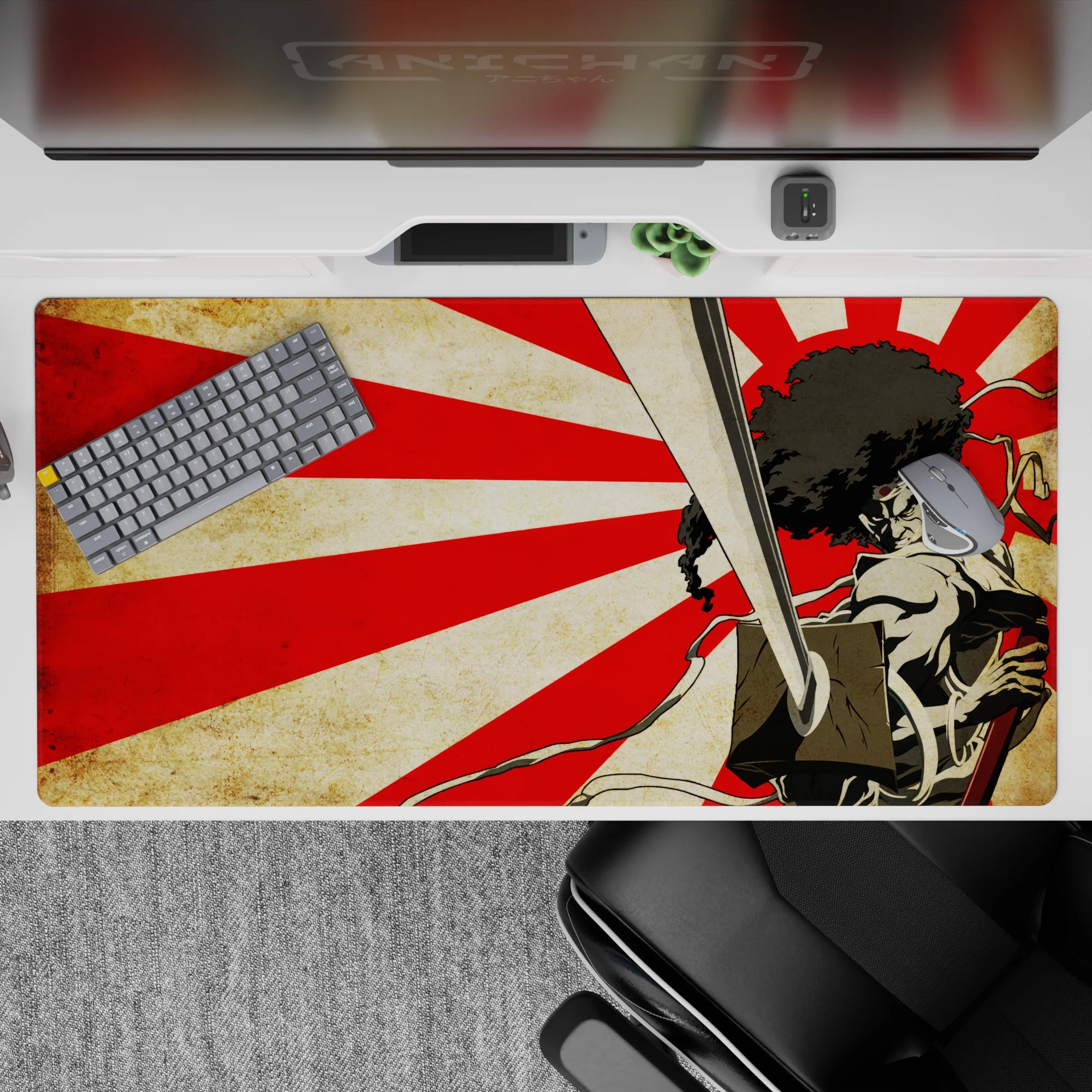 Red rising-sun ray anime desk pad 40x20 inches, gritty parchment look, fearless last-stand vibe.