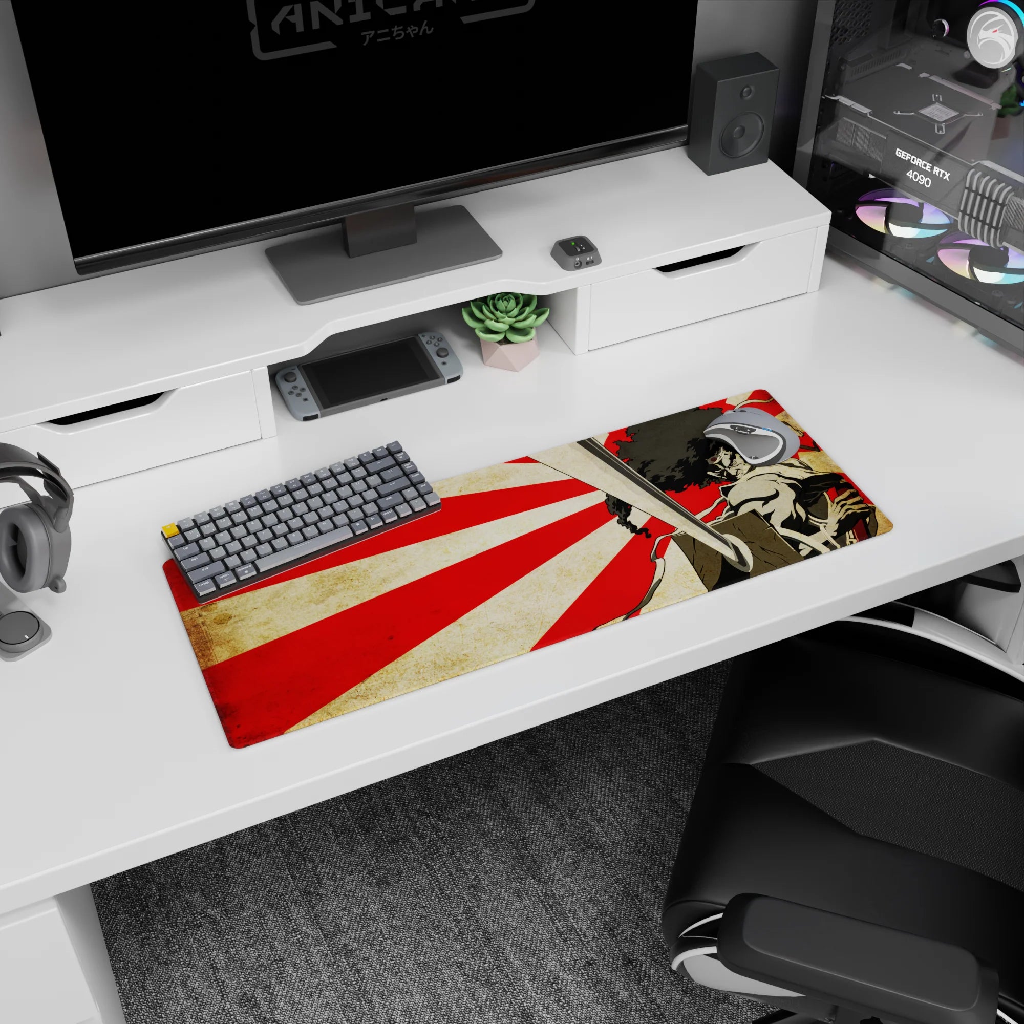 Anime mouse pad 32x12 inches showing wild-haired swordsman lunging forward, blade aimed at viewer.