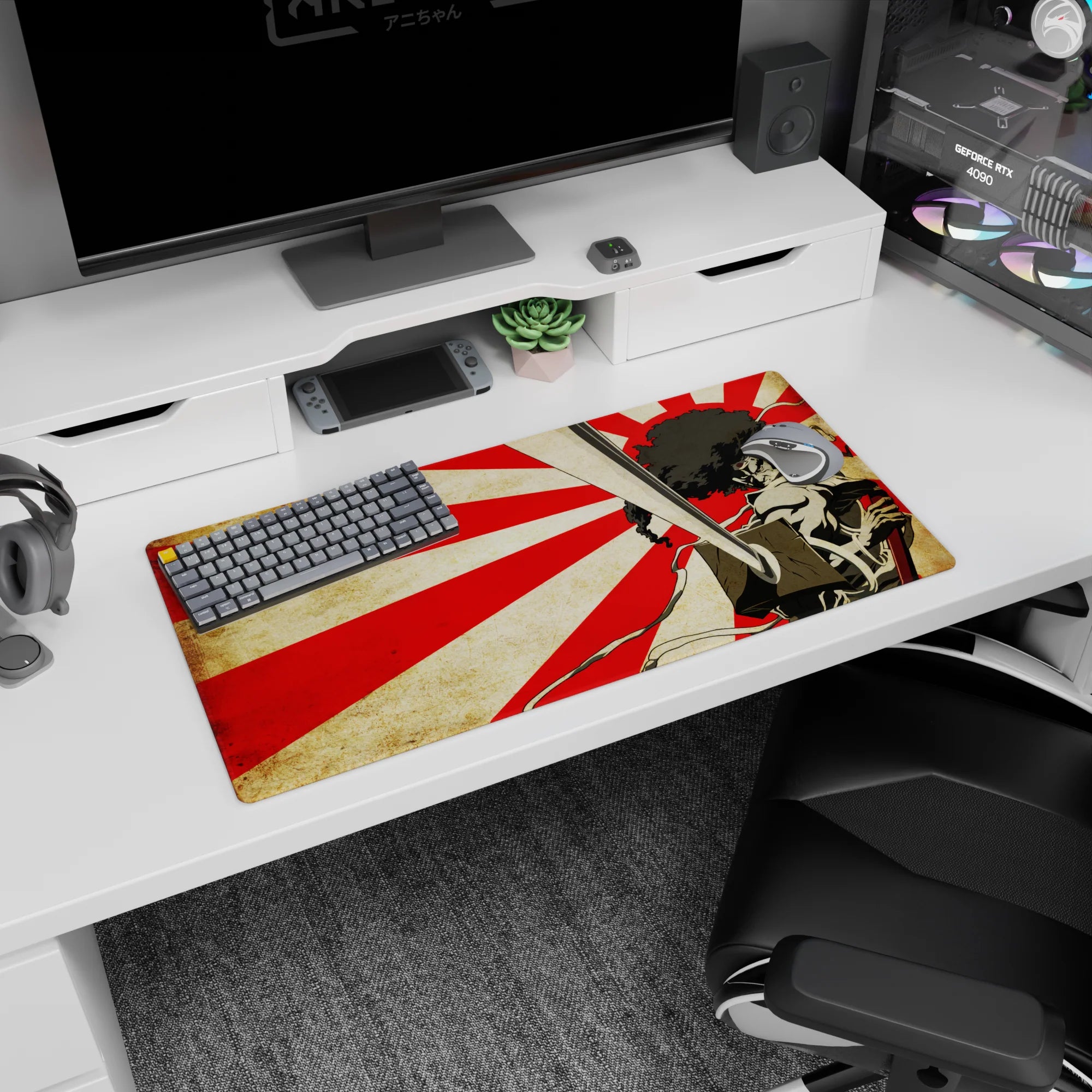 32x16 inches anime mouse pad showing a wild-haired swordsman thrusting a steel blade at the viewer.