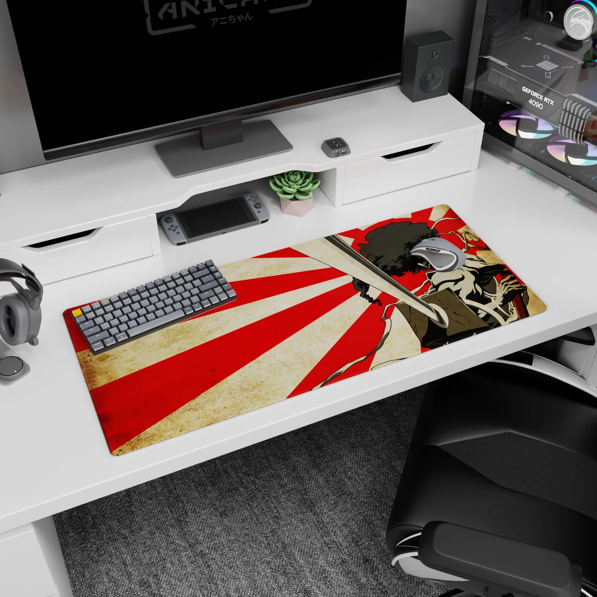 Lone anime swordsman lunging blade-first toward viewer on 36x16 inches desk pad, hair whipping wild.