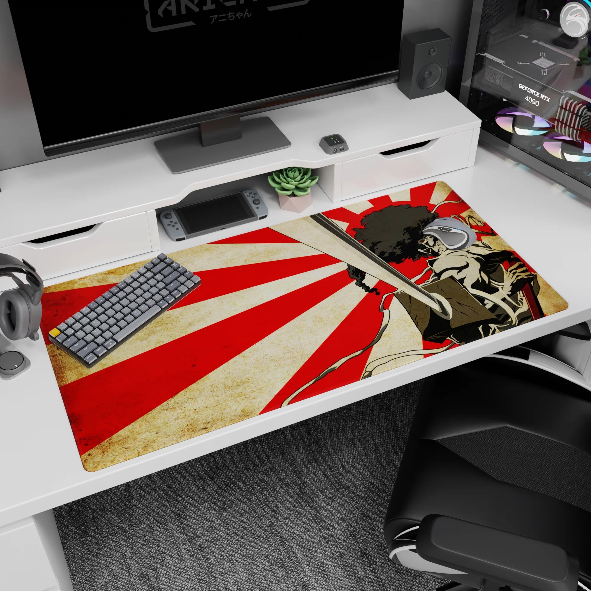 Anime desk pad 40x20 inches showing a swordsman thrusting a steel blade toward you, hair whipping wild.